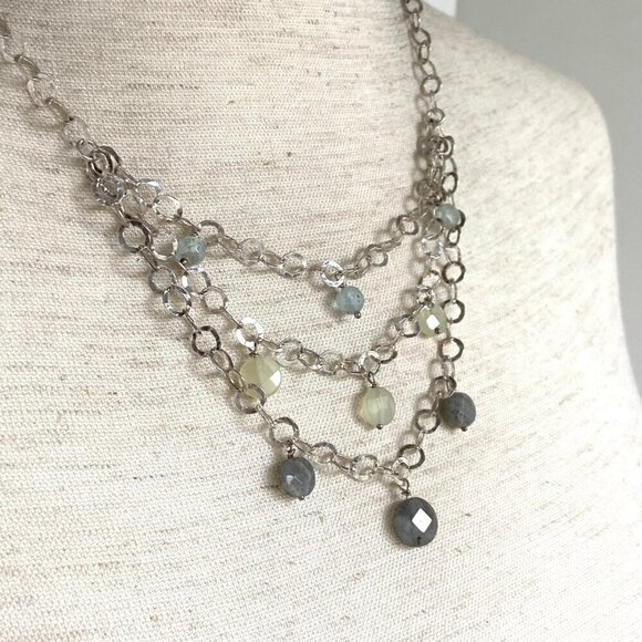 Sterling Silver 925 Multi Gemstone Multi Chain Necklace & Earrings Set 17" - Picture 3 of 16